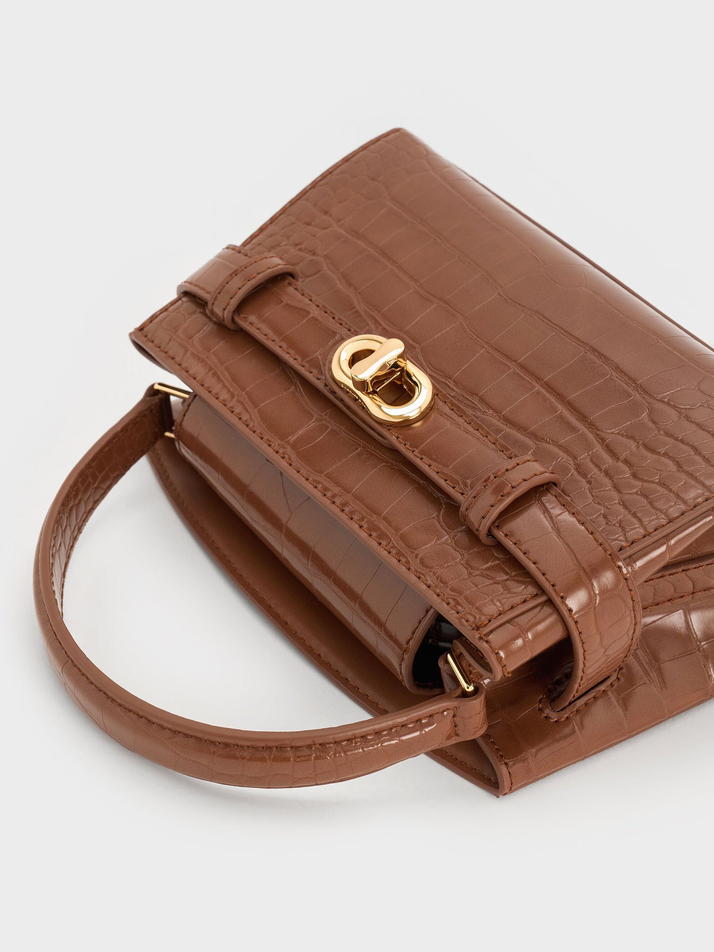 Aubrielle Croc-Effect Belted Top Handle Bag - Chocolate Croco | CHARLES & KEITH