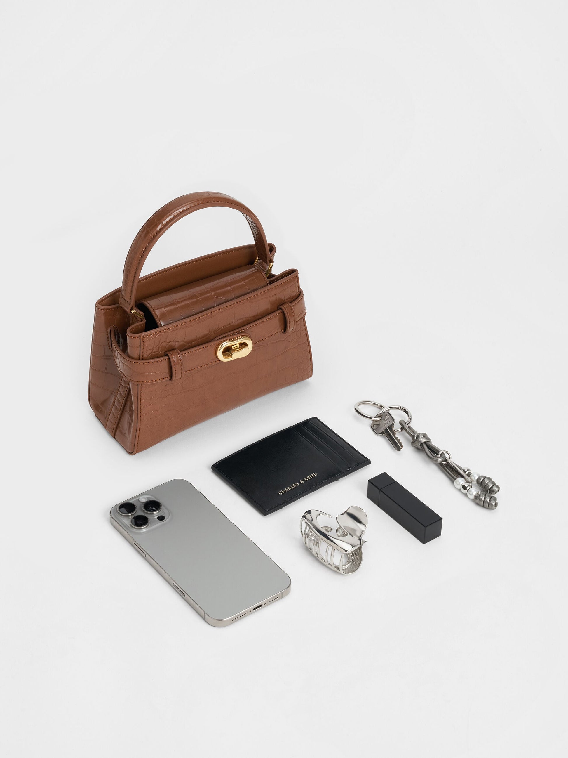 Aubrielle Croc-Effect Belted Top Handle Bag - Chocolate Croco | CHARLES & KEITH