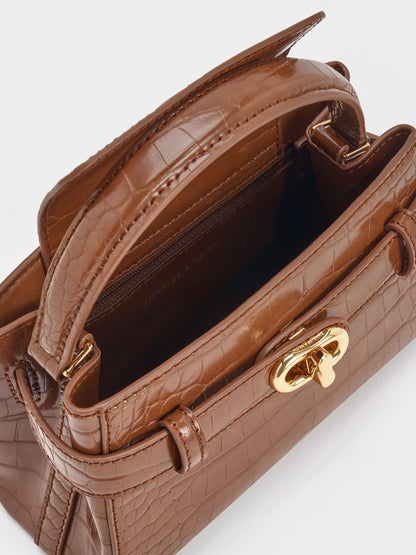 Aubrielle Croc-Effect Belted Top Handle Bag - Chocolate Croco | CHARLES & KEITH