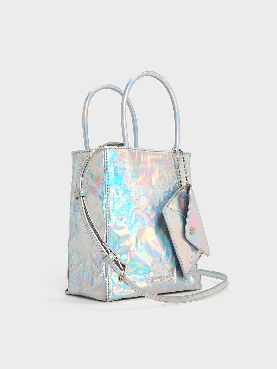 Matina Holographic Crinkle-Effect Tote Bag - Prism Silver | CHARLES & KEITH