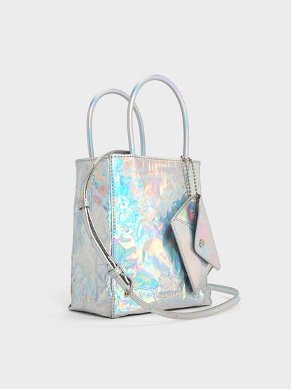 Matina Holographic Crinkle-Effect Tote Bag - Prism Silver | CHARLES & KEITH