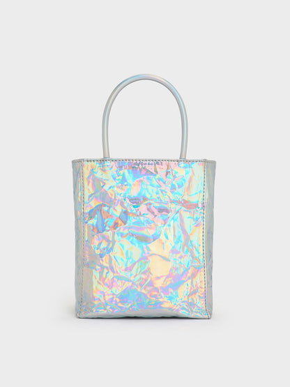 Matina Holographic Crinkle-Effect Tote Bag - Prism Silver | CHARLES & KEITH