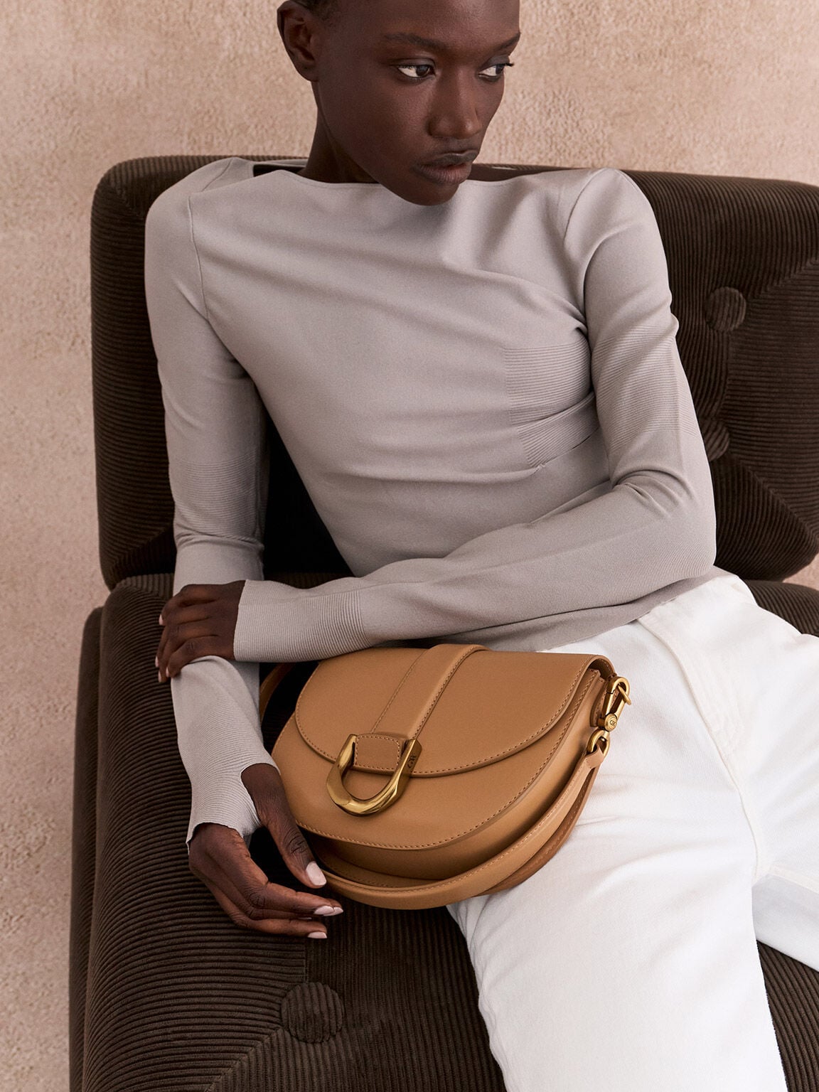 Gabine Leather Saddle Bag - Toffee | CHARLES & KEITH