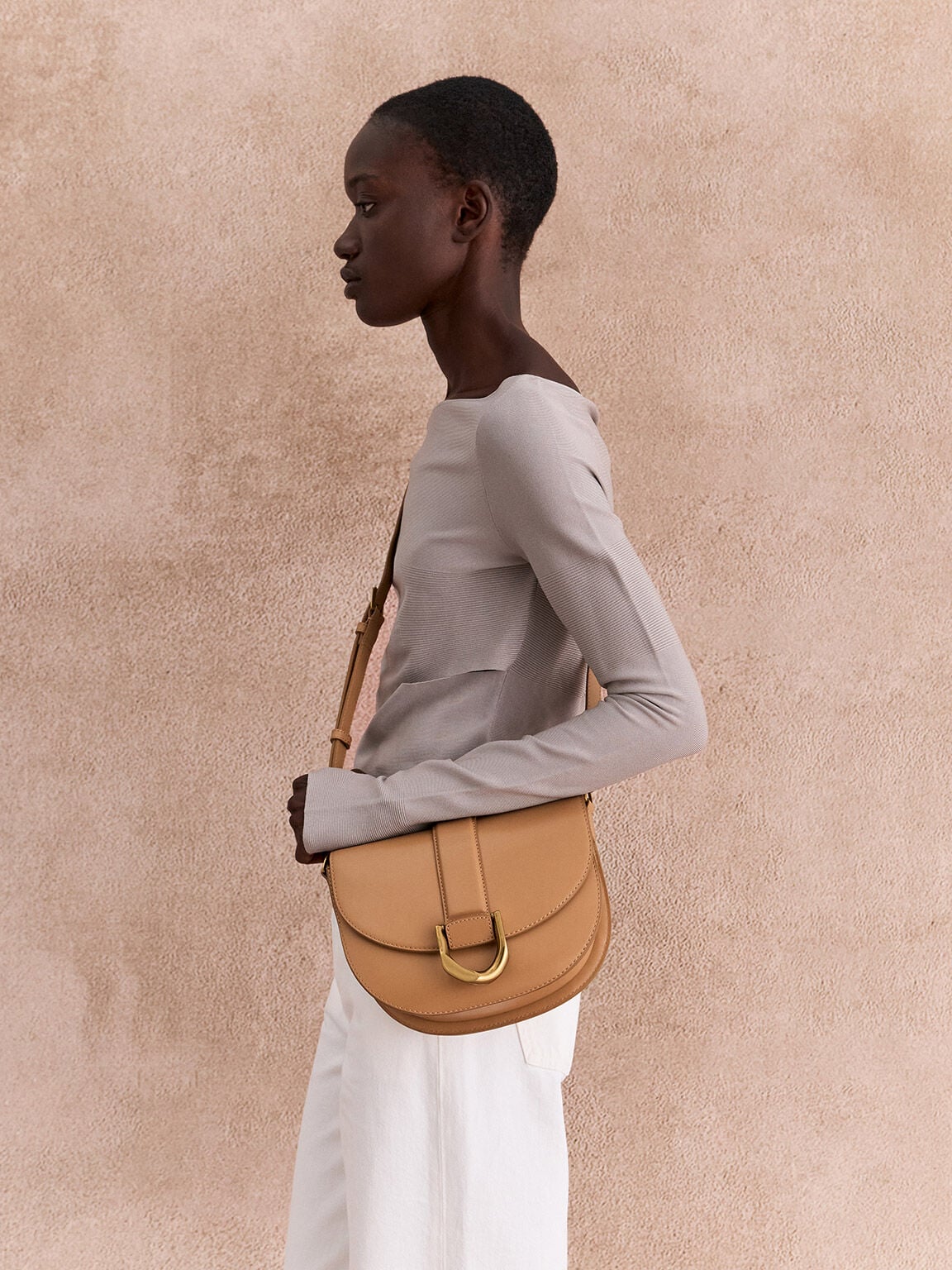 Gabine Leather Saddle Bag - Toffee | CHARLES & KEITH
