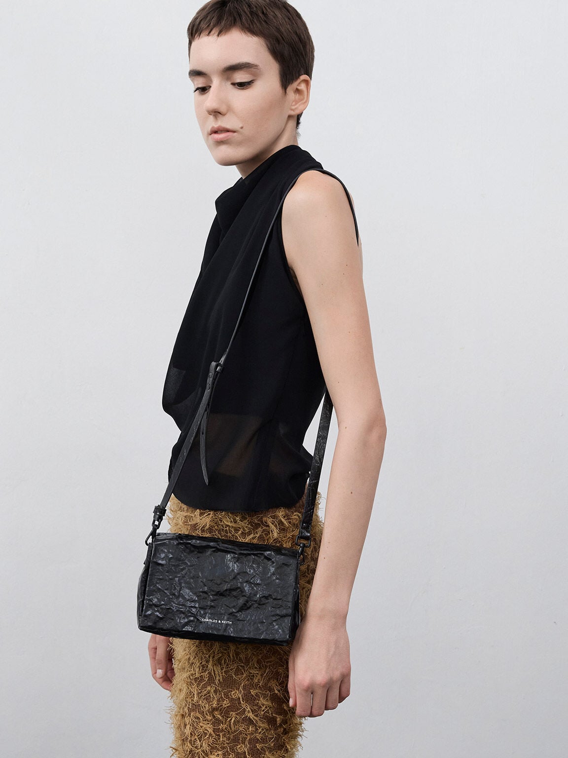 Matina Crinkle-Effect Crossbody Bag - Jet Black | CHARLES & KEITH