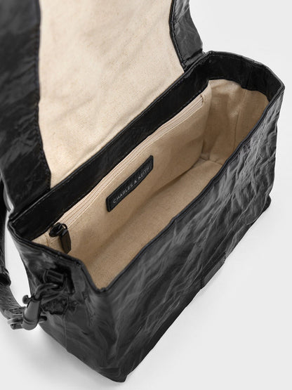 Matina Crinkle-Effect Crossbody Bag - Jet Black | CHARLES & KEITH