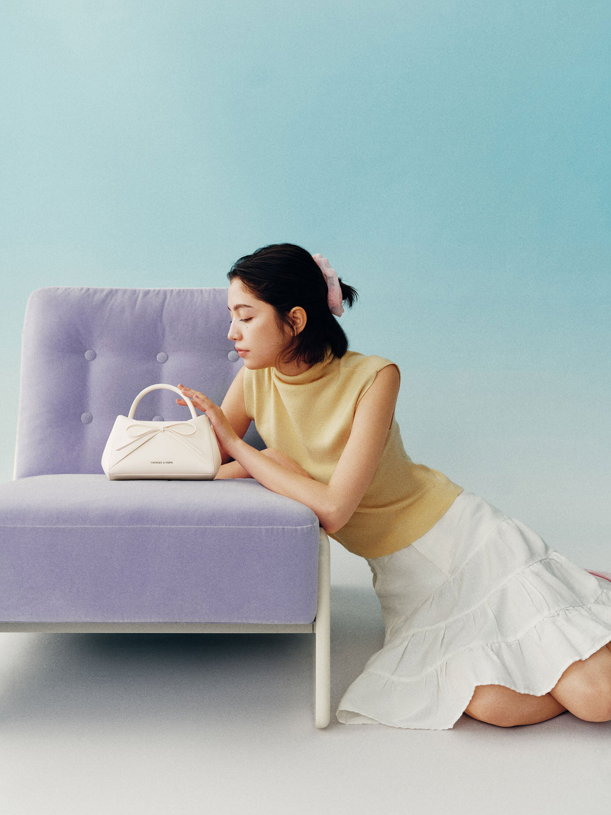 Hazel Bow Panelled Top Handle Bag - Cream | CHARLES & KEITH