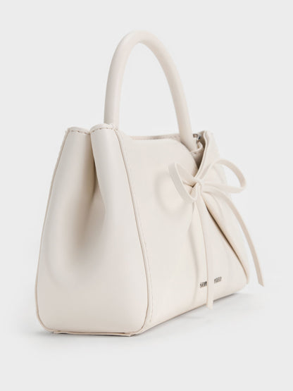 Hazel Bow Panelled Top Handle Bag - Cream | CHARLES & KEITH