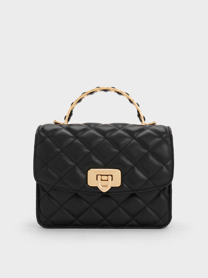 Cressida Quilted Top Handle Bag - Black | CHARLES & KEITH