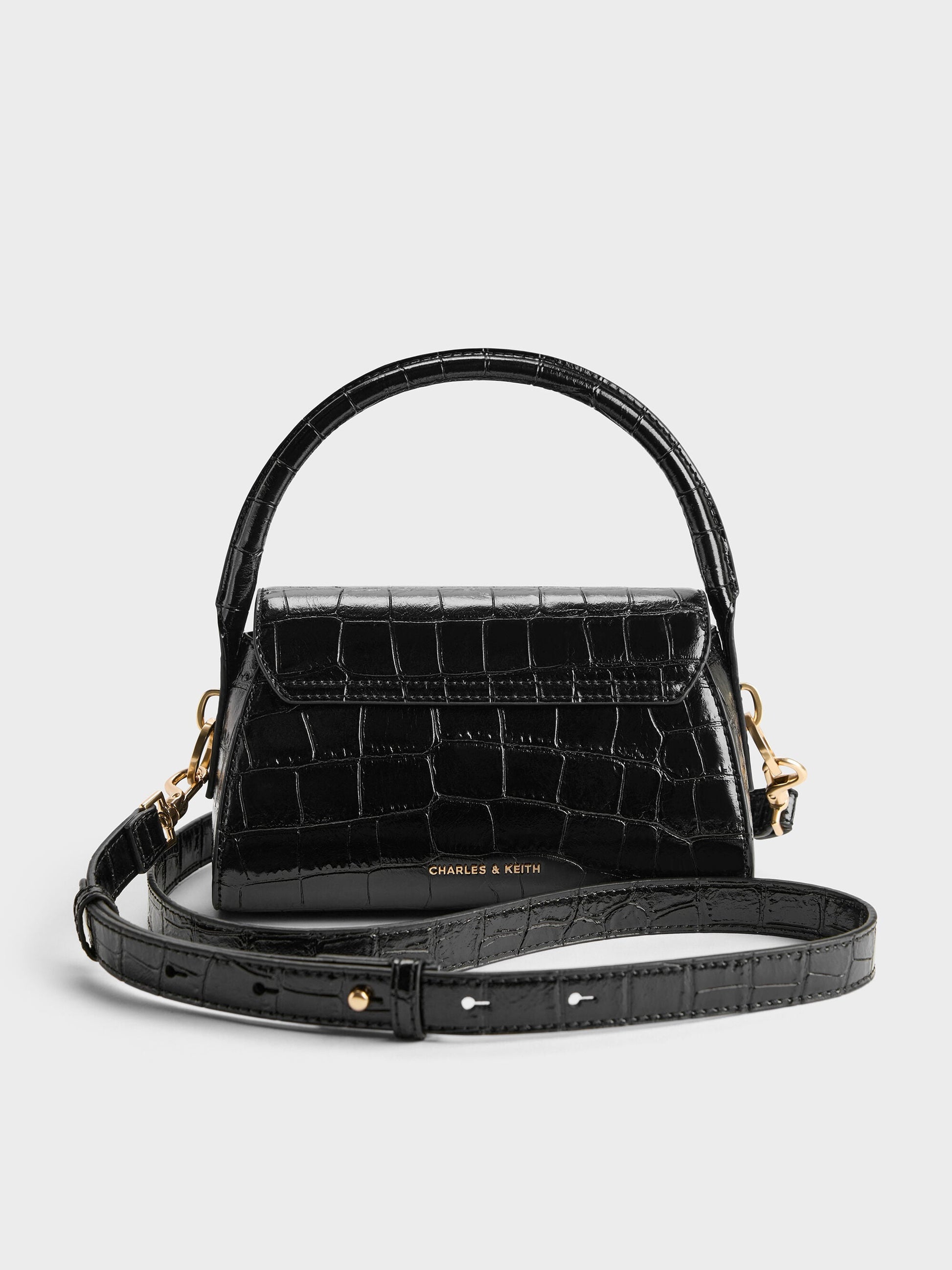 Kaila Croc-Effect Top Handle Bag - Black Croco | CHARLES & KEITH
