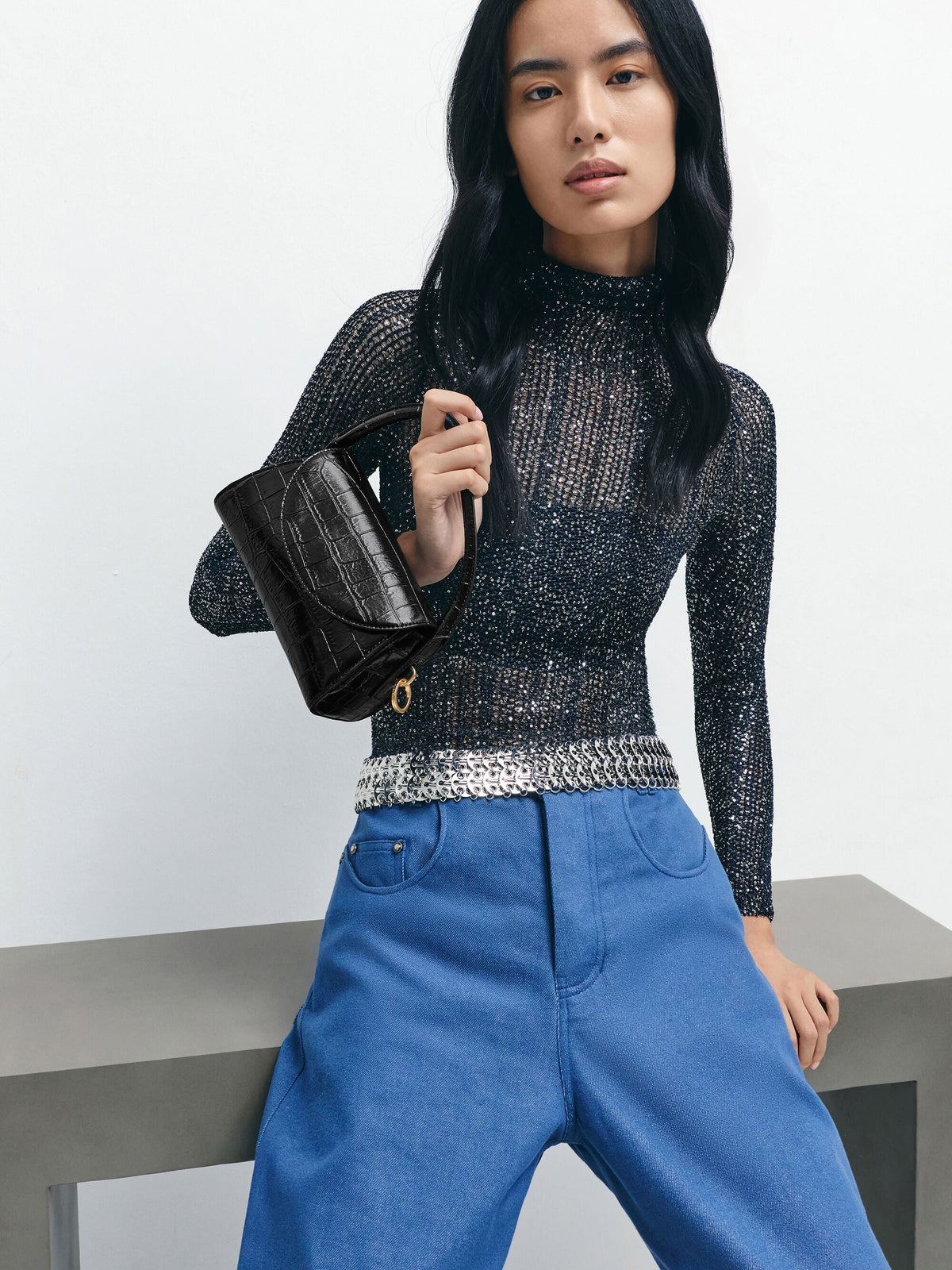 Kaila Croc-Effect Top Handle Bag - Black Croco | CHARLES & KEITH