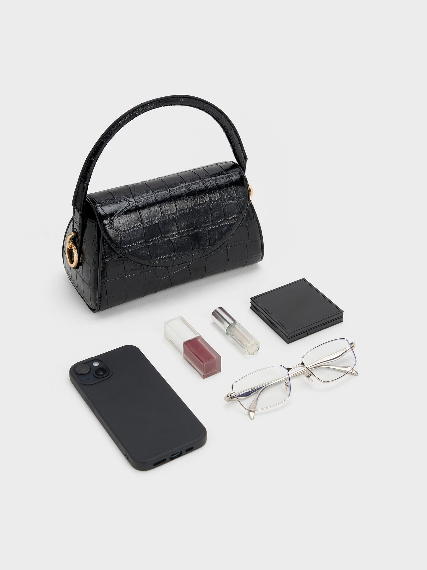 Kaila Croc-Effect Top Handle Bag - Black Croco | CHARLES & KEITH