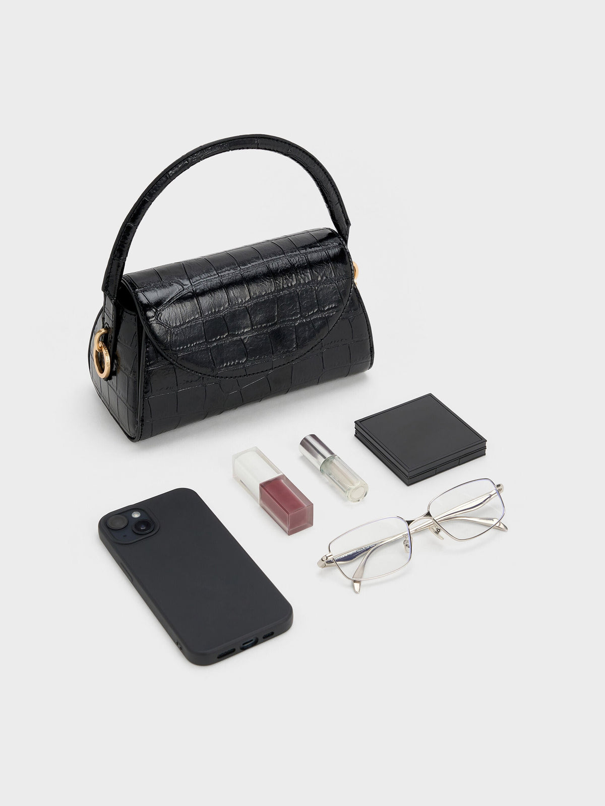Kaila Croc-Effect Top Handle Bag - Black Croco | CHARLES & KEITH