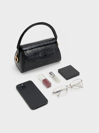 Kaila Croc-Effect Top Handle Bag - Black Croco | CHARLES & KEITH