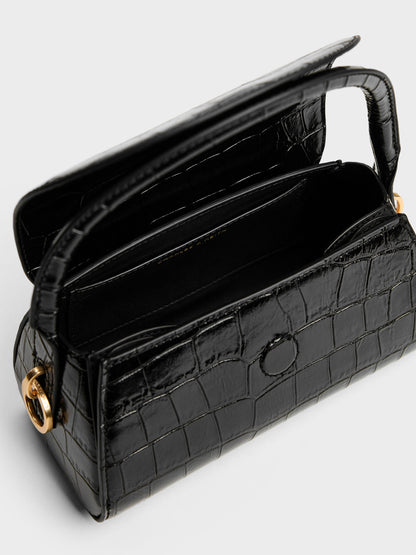 Kaila Croc-Effect Top Handle Bag - Black Croco | CHARLES & KEITH