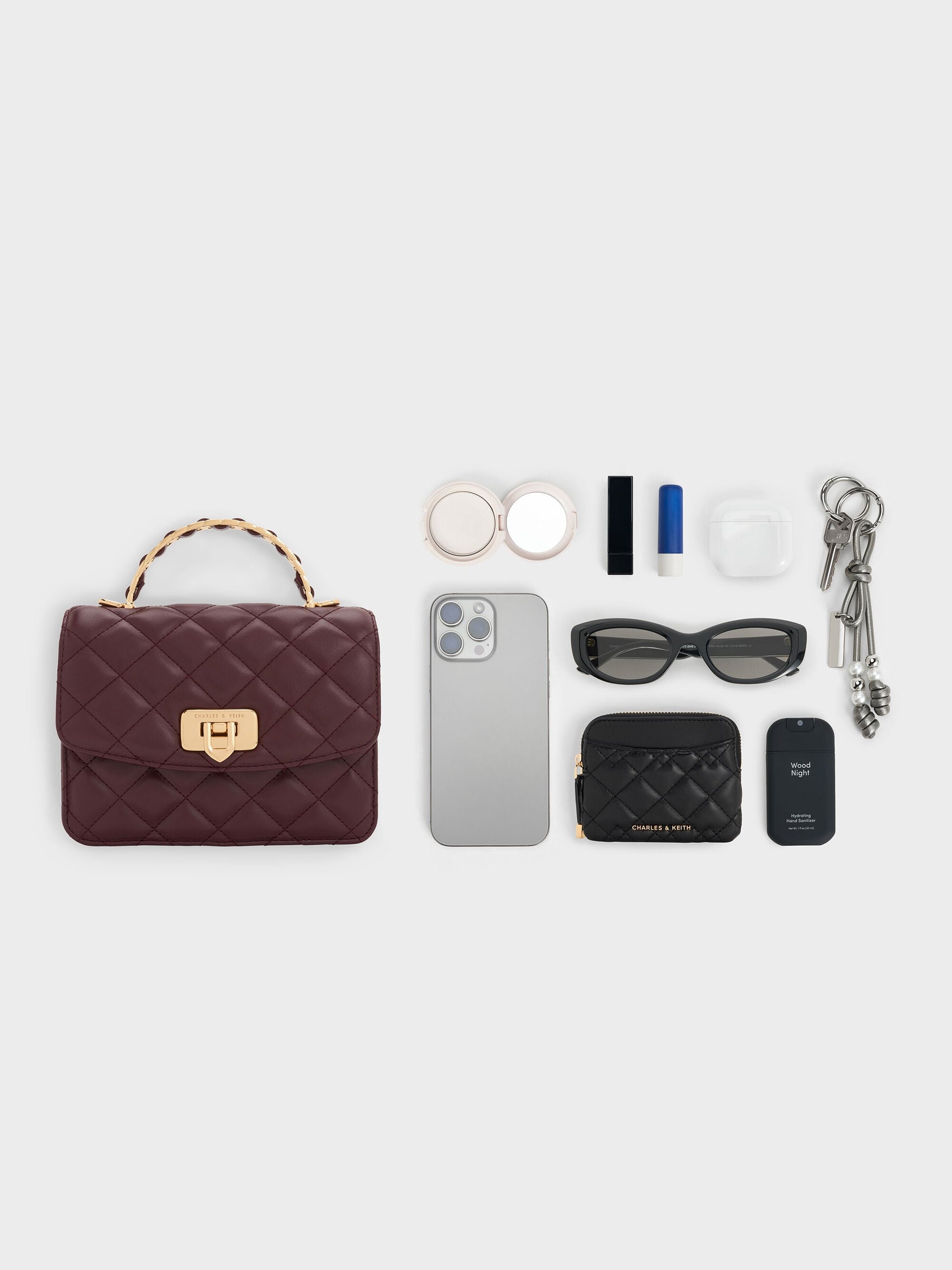 Cressida Quilted Top Handle Bag - Wineberry Red | CHARLES & KEITH