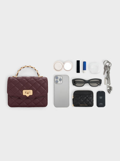 Cressida Quilted Top Handle Bag - Wineberry Red | CHARLES & KEITH