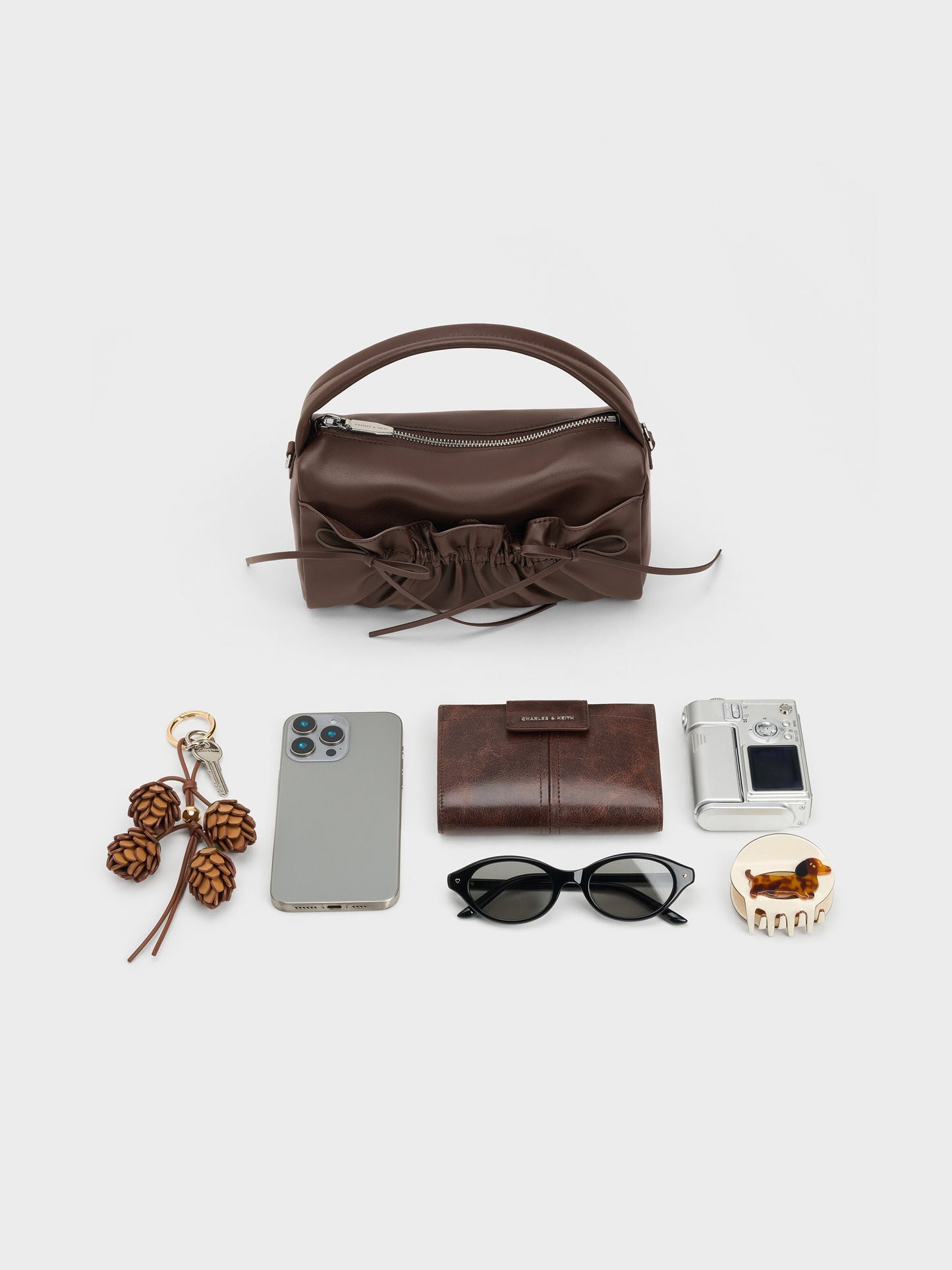 Reese Ruched Bow Top Handle Bag - Espresso Brown | CHARLES & KEITH