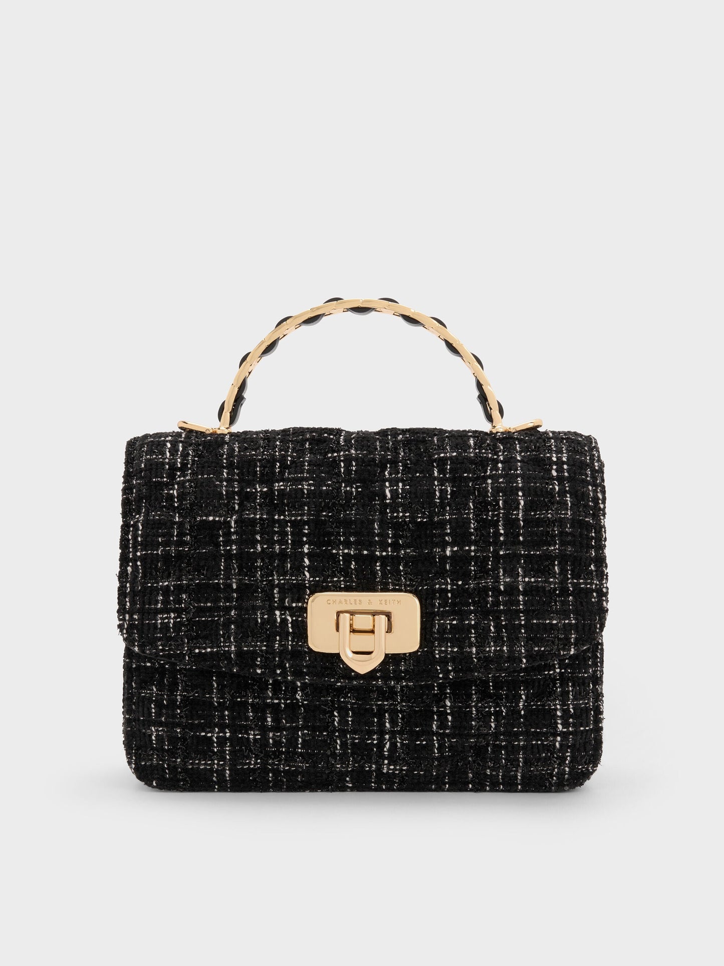 Cressida Tweed Quilted Top Handle Bag - Black Tweed | CHARLES & KEITH