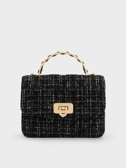 Cressida Tweed Quilted Top Handle Bag - Black Tweed | CHARLES & KEITH