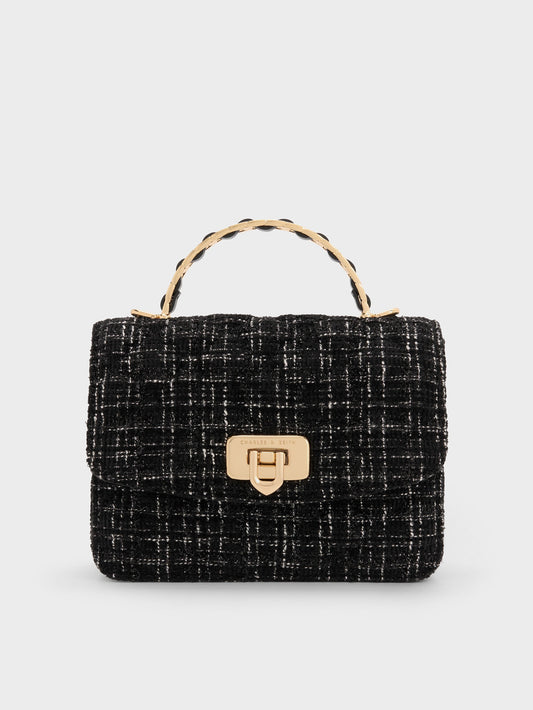 Cressida Tweed Quilted Top Handle Bag - Black Tweed | CHARLES & KEITH