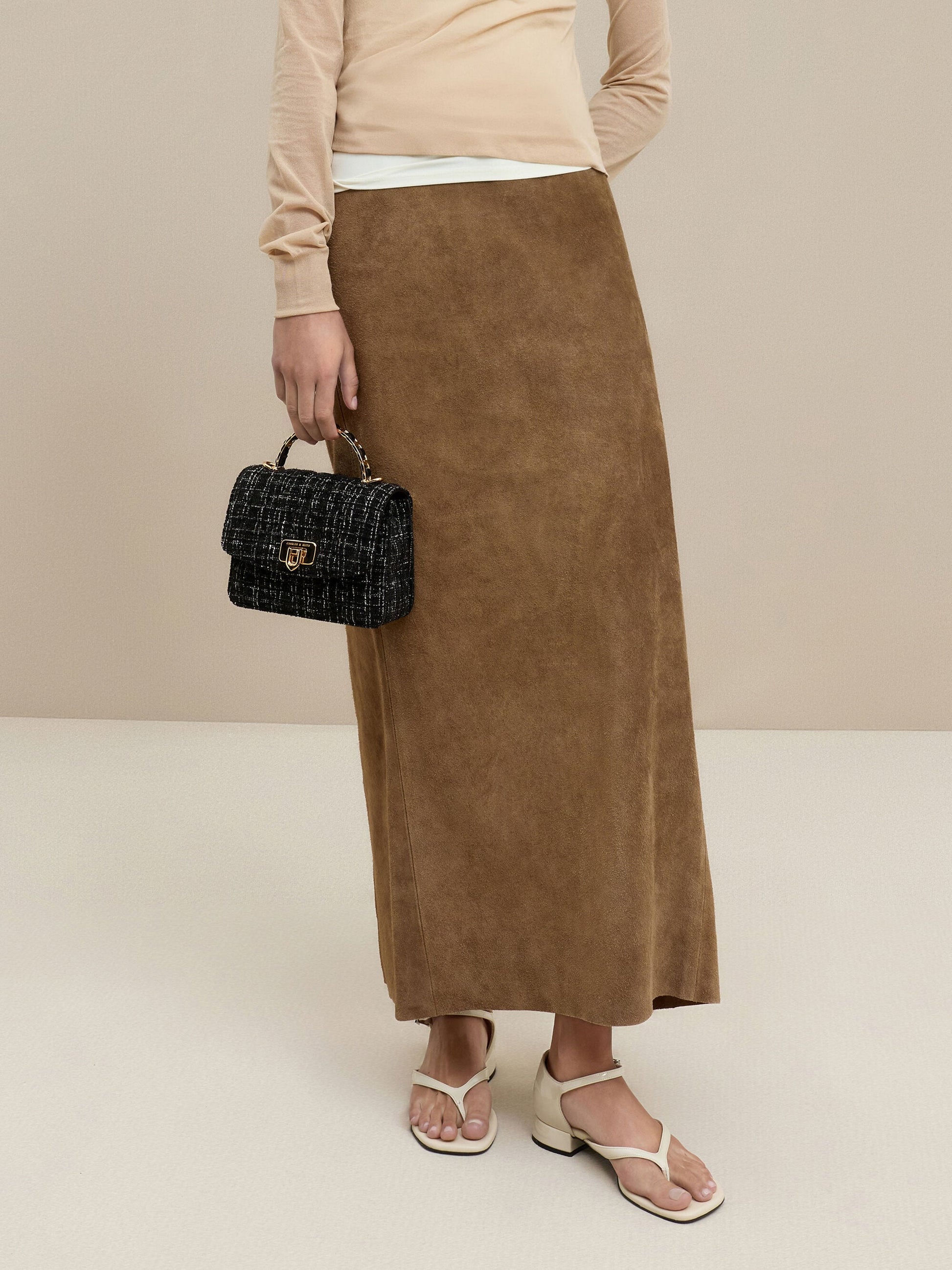 Cressida Tweed Quilted Top Handle Bag - Black Tweed | CHARLES & KEITH