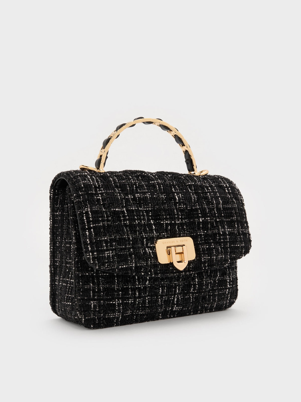Cressida Tweed Quilted Top Handle Bag - Black Tweed | CHARLES & KEITH