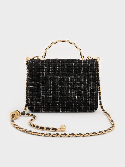 Cressida Tweed Quilted Top Handle Bag - Black Tweed | CHARLES & KEITH
