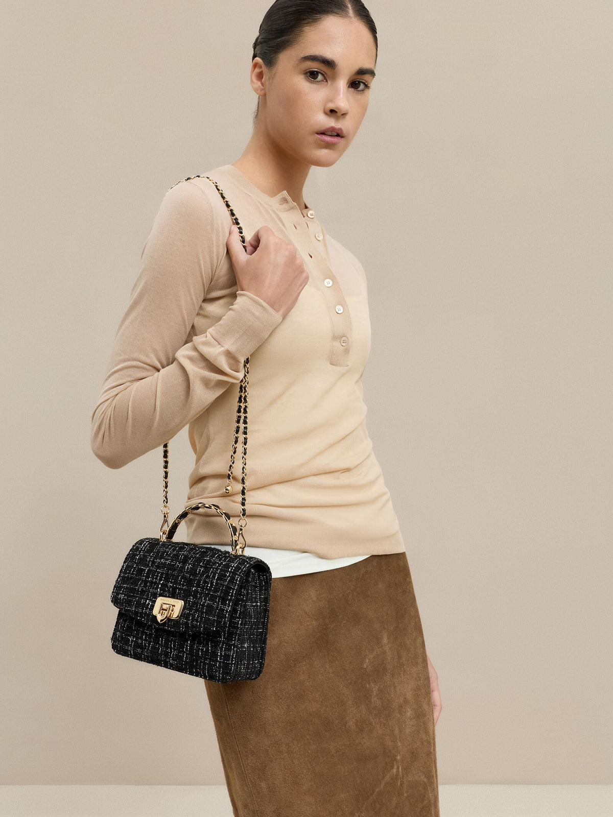 Cressida Tweed Quilted Top Handle Bag - Black Tweed | CHARLES & KEITH