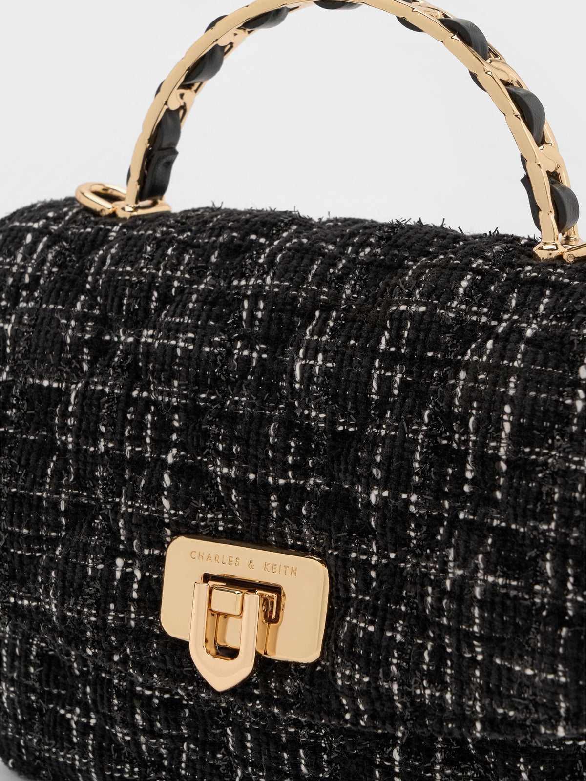 Cressida Tweed Quilted Top Handle Bag - Black Tweed | CHARLES & KEITH