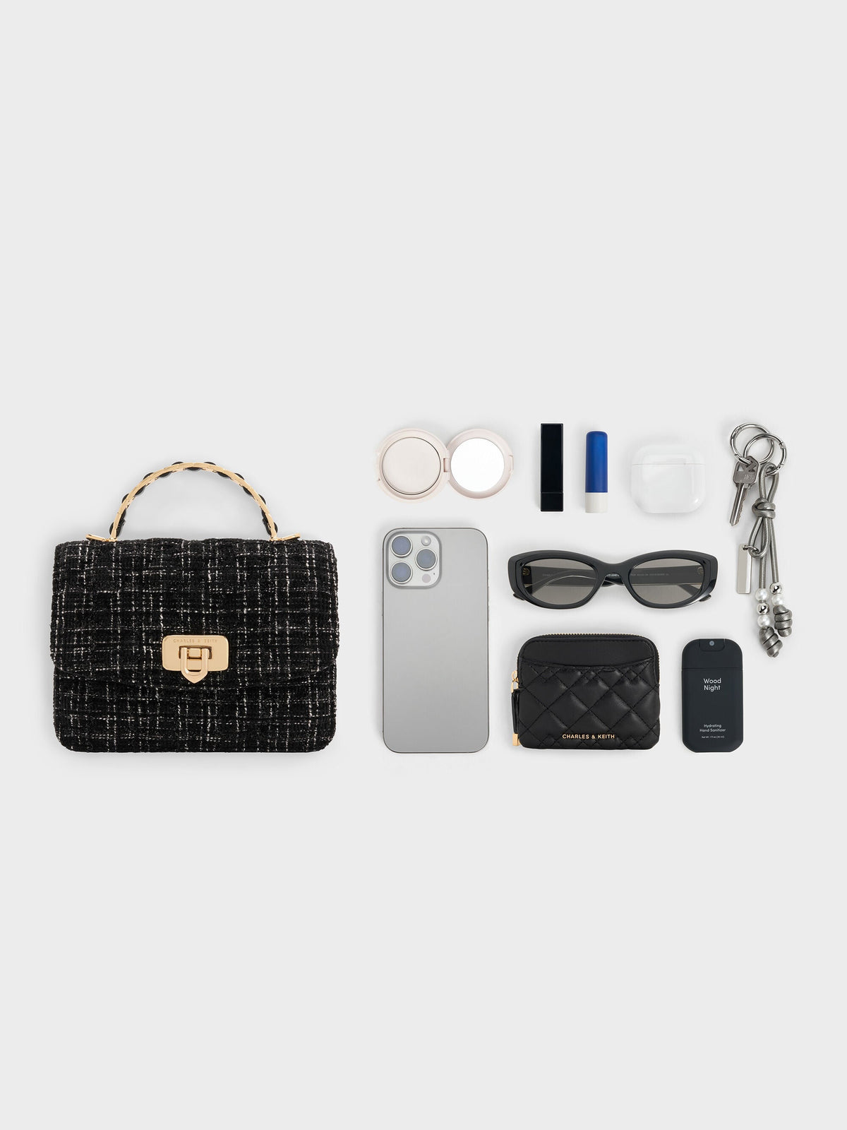 Cressida Tweed Quilted Top Handle Bag - Black Tweed | CHARLES & KEITH