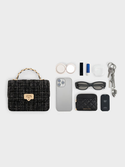 Cressida Tweed Quilted Top Handle Bag - Black Tweed | CHARLES & KEITH
