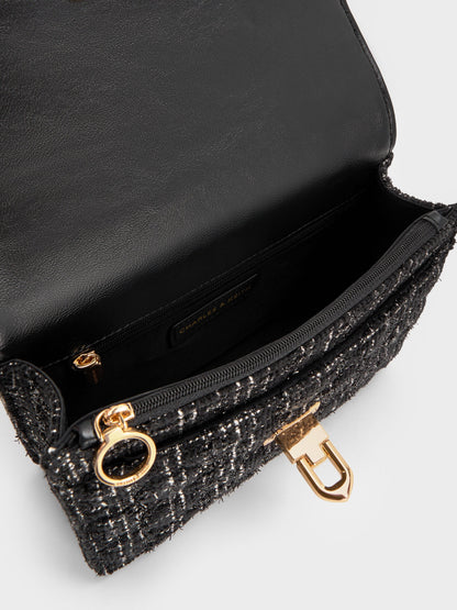 Cressida Tweed Quilted Top Handle Bag - Black Tweed | CHARLES & KEITH