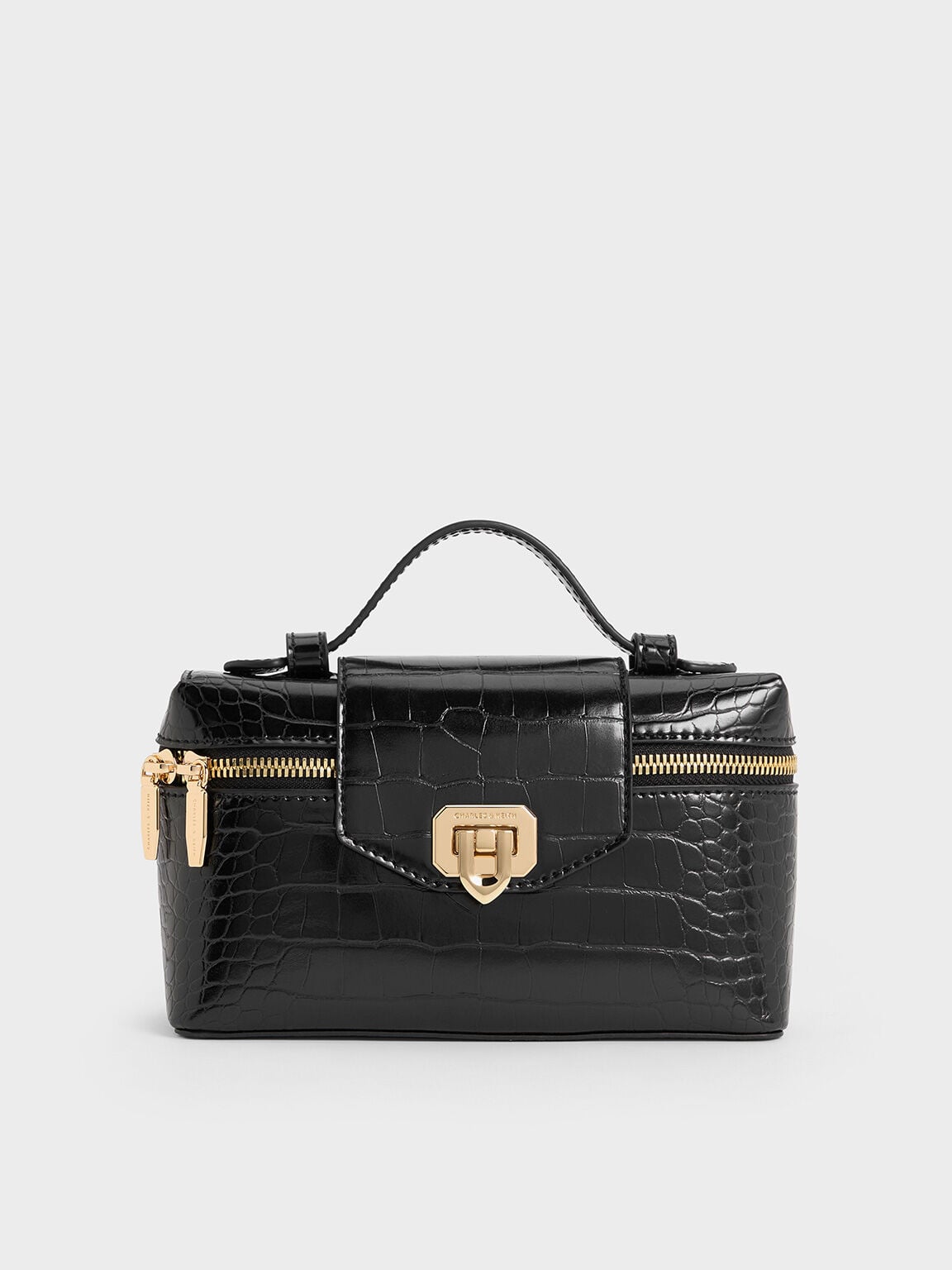 Arwen Croc-Effect Top Handle Vanity Bag - Black | CHARLES & KEITH