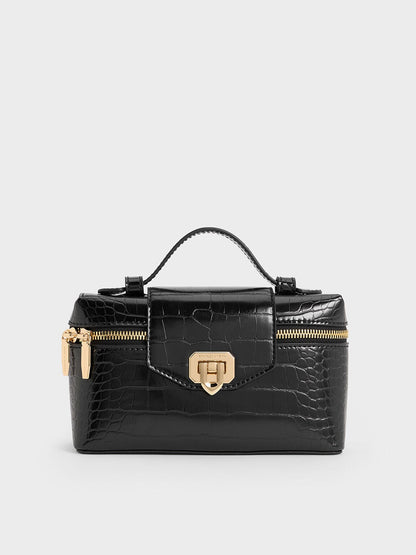 Arwen Croc-Effect Top Handle Vanity Bag - Black | CHARLES & KEITH