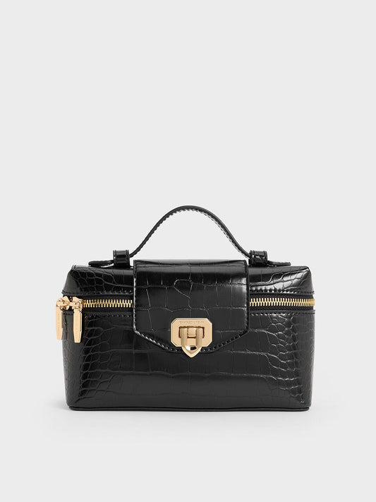 Arwen Croc-Effect Top Handle Vanity Bag - Black | CHARLES & KEITH