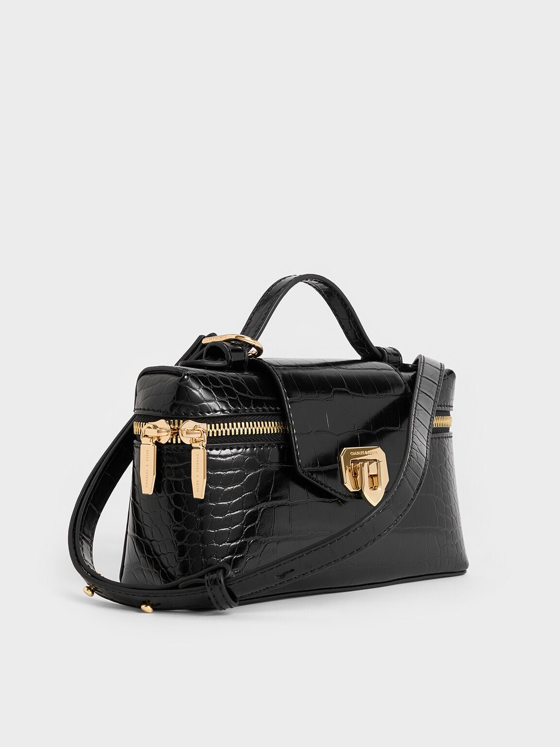 Arwen Croc-Effect Top Handle Vanity Bag - Black | CHARLES & KEITH