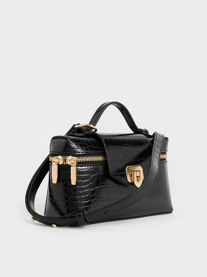 Arwen Croc-Effect Top Handle Vanity Bag - Black | CHARLES & KEITH