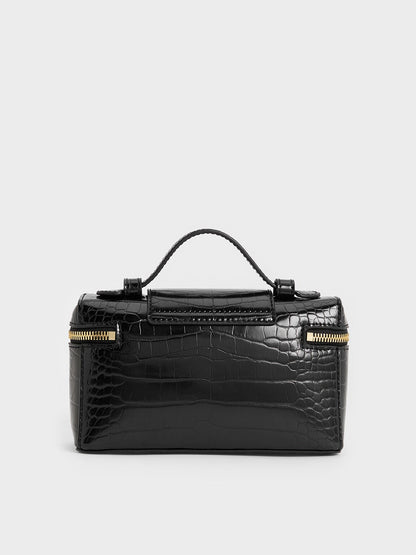 Arwen Croc-Effect Top Handle Vanity Bag - Black | CHARLES & KEITH
