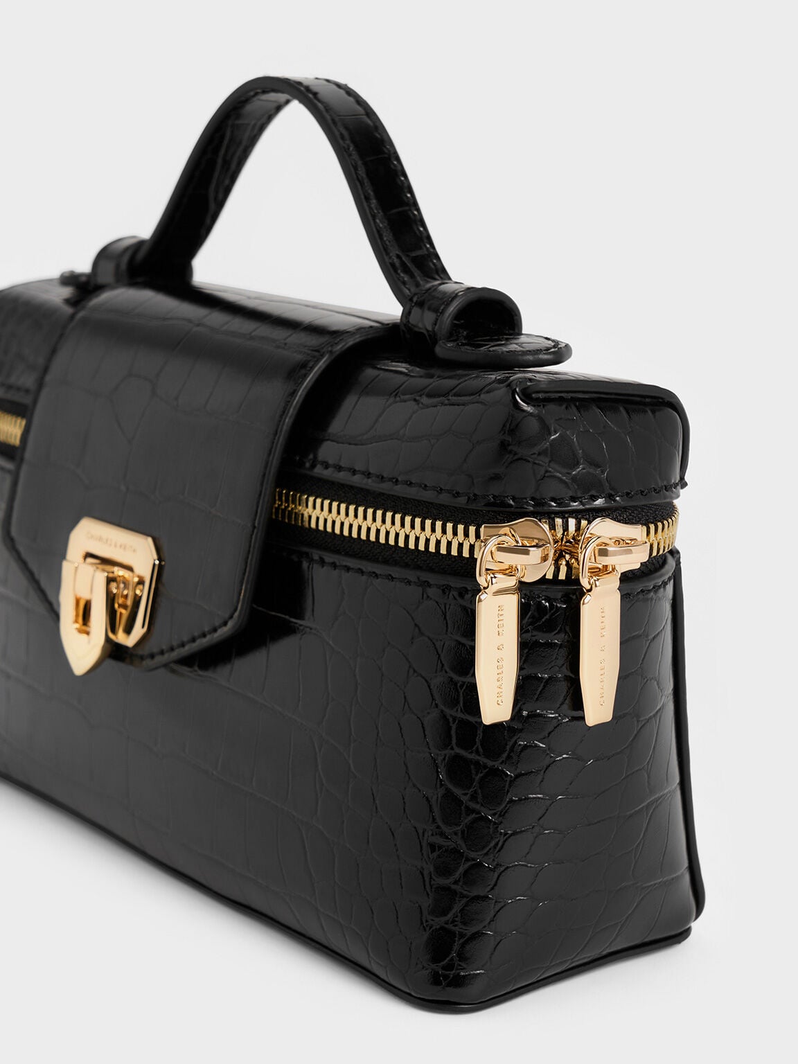 Arwen Croc-Effect Top Handle Vanity Bag - Black | CHARLES & KEITH