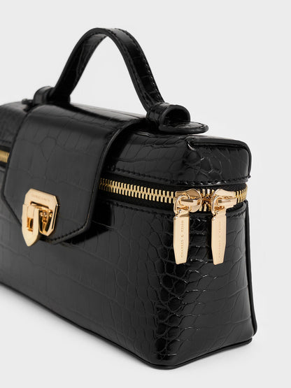 Arwen Croc-Effect Top Handle Vanity Bag - Black | CHARLES & KEITH