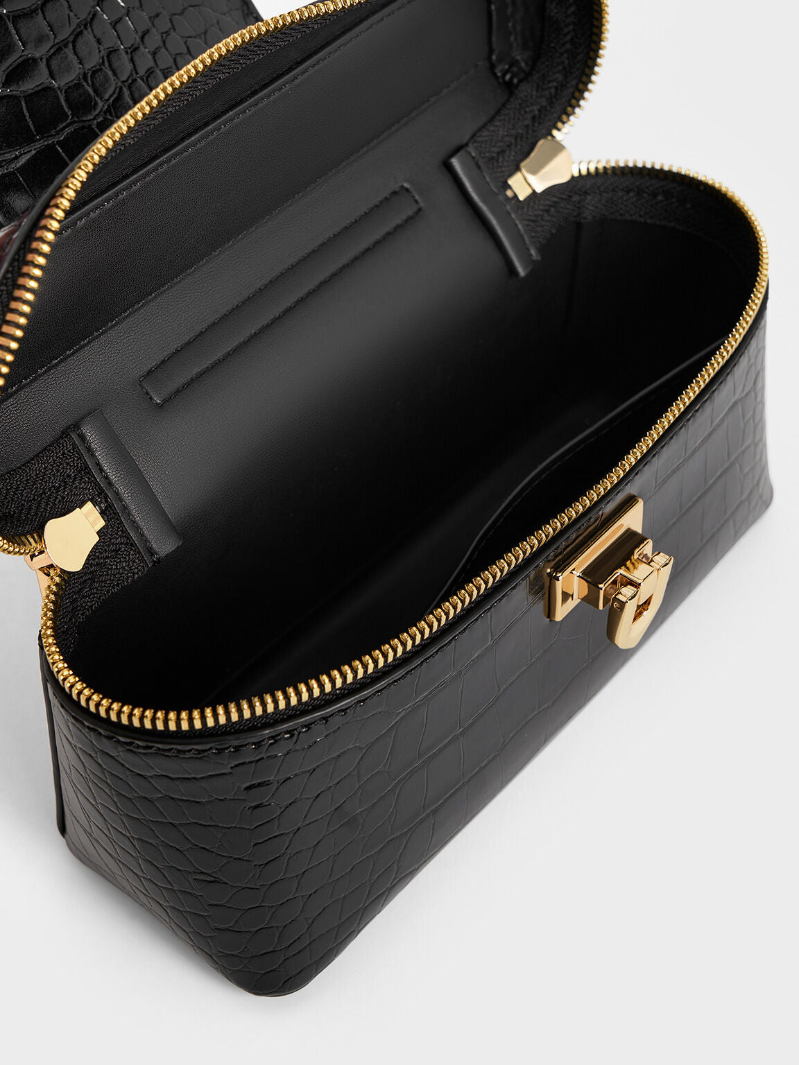 Arwen Croc-Effect Top Handle Vanity Bag - Black | CHARLES & KEITH