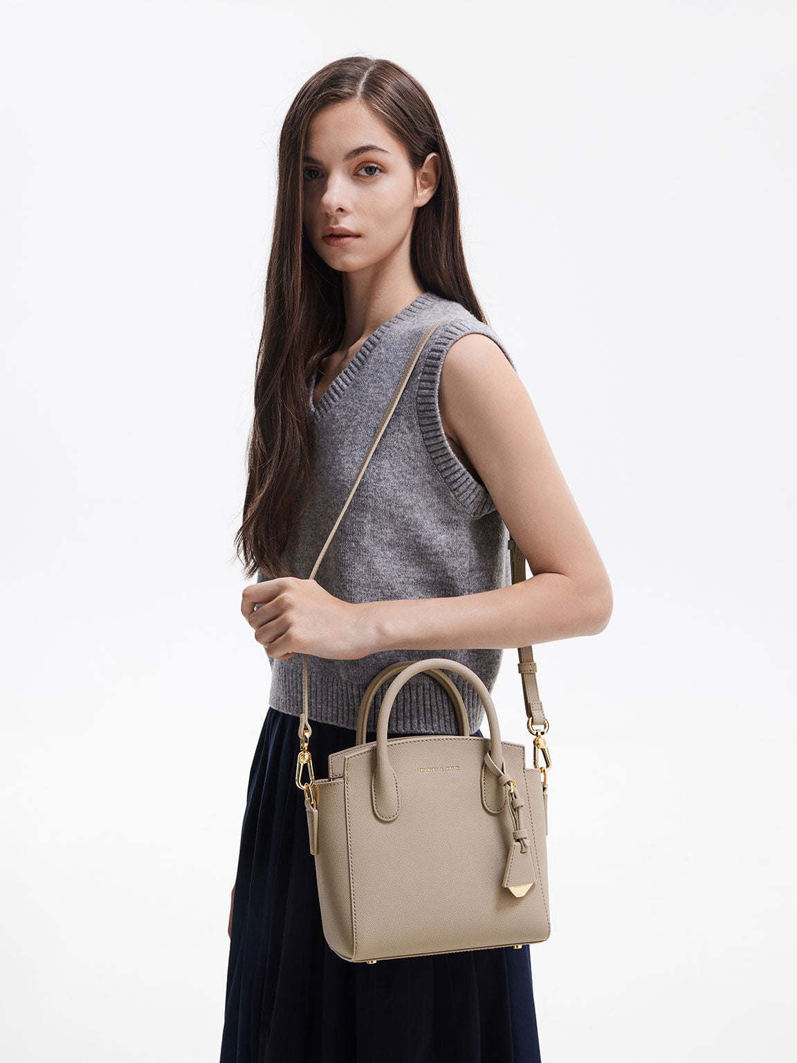 Harper Structured Top Handle Bag - Taupe | CHARLES & KEITH