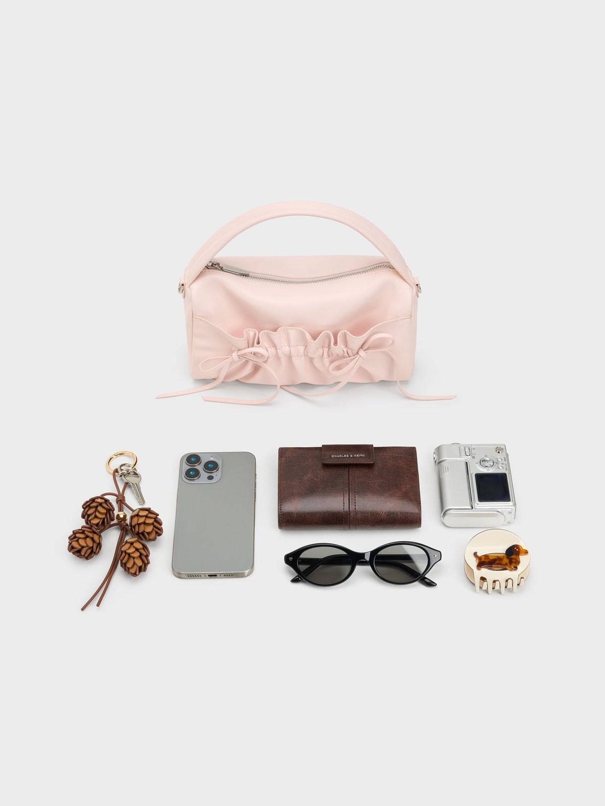 Reese Ruched Bow Top Handle Bag - Soft Pink | CHARLES & KEITH