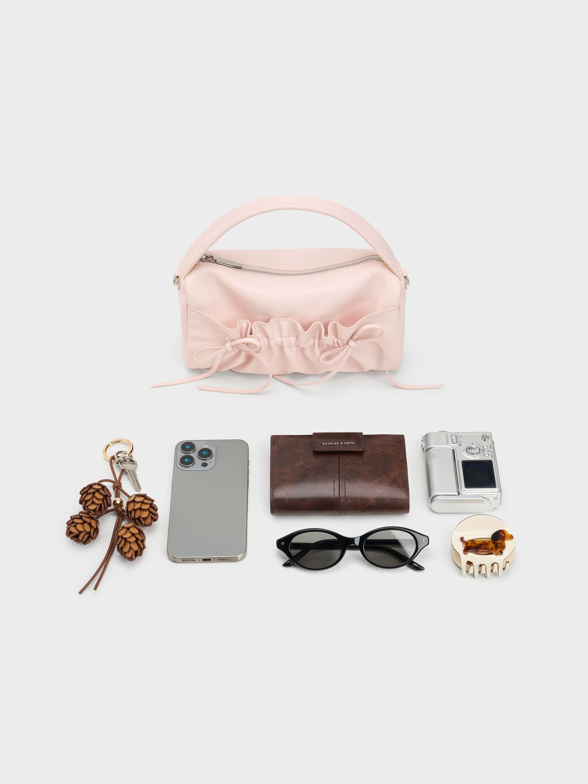 Reese Ruched Bow Top Handle Bag - Soft Pink | CHARLES & KEITH