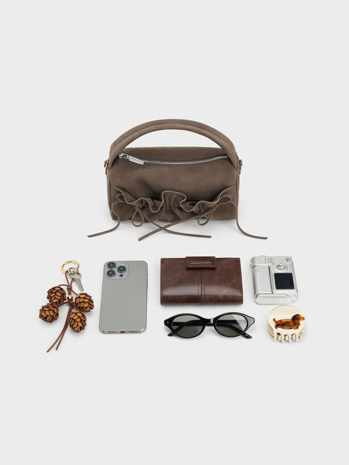 Reese Ruched Bow Top Handle Bag - Stone Grey | CHARLES & KEITH