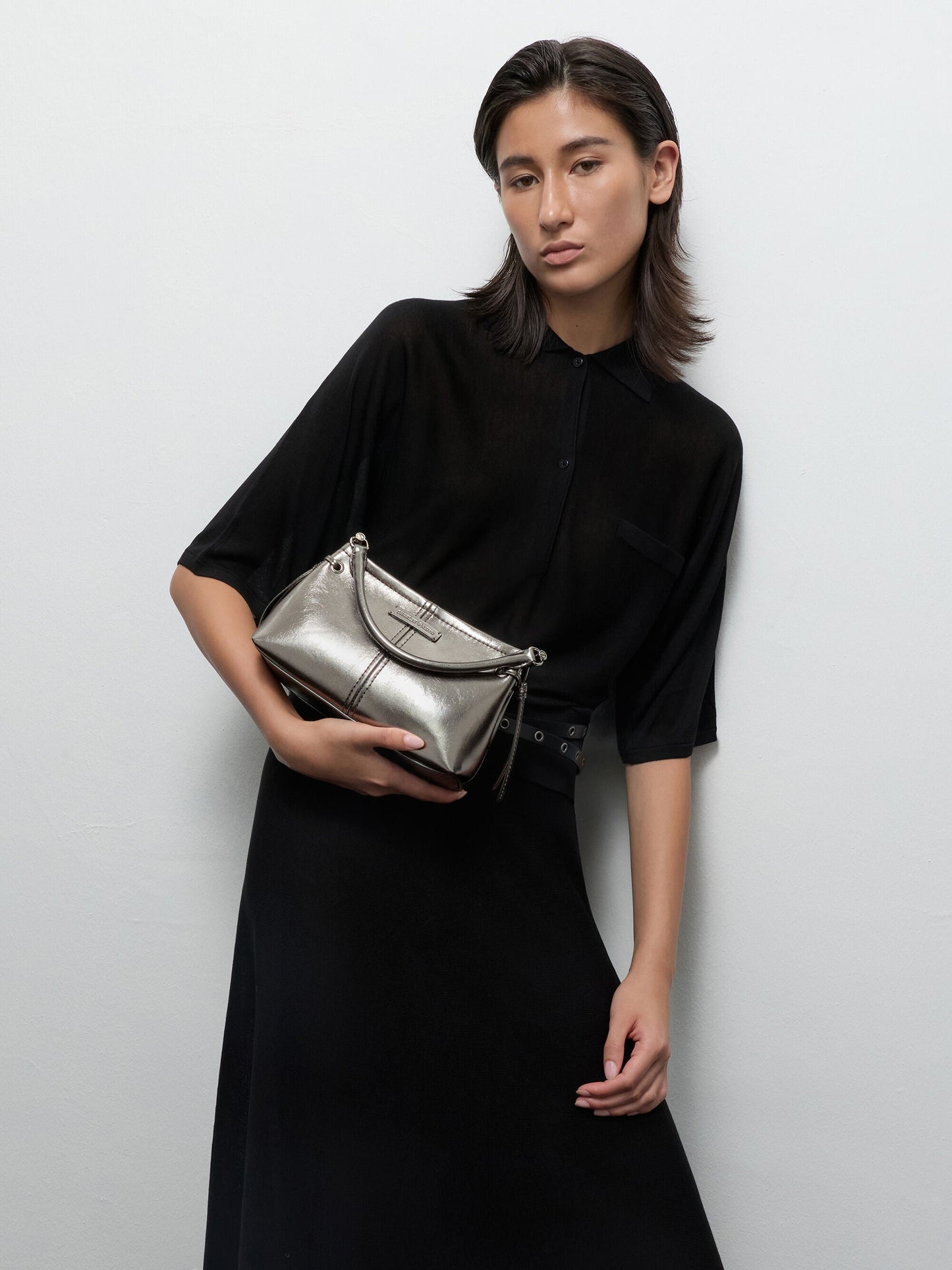 Noane Metallic Top Handle Bag - Pewter | CHARLES & KEITH