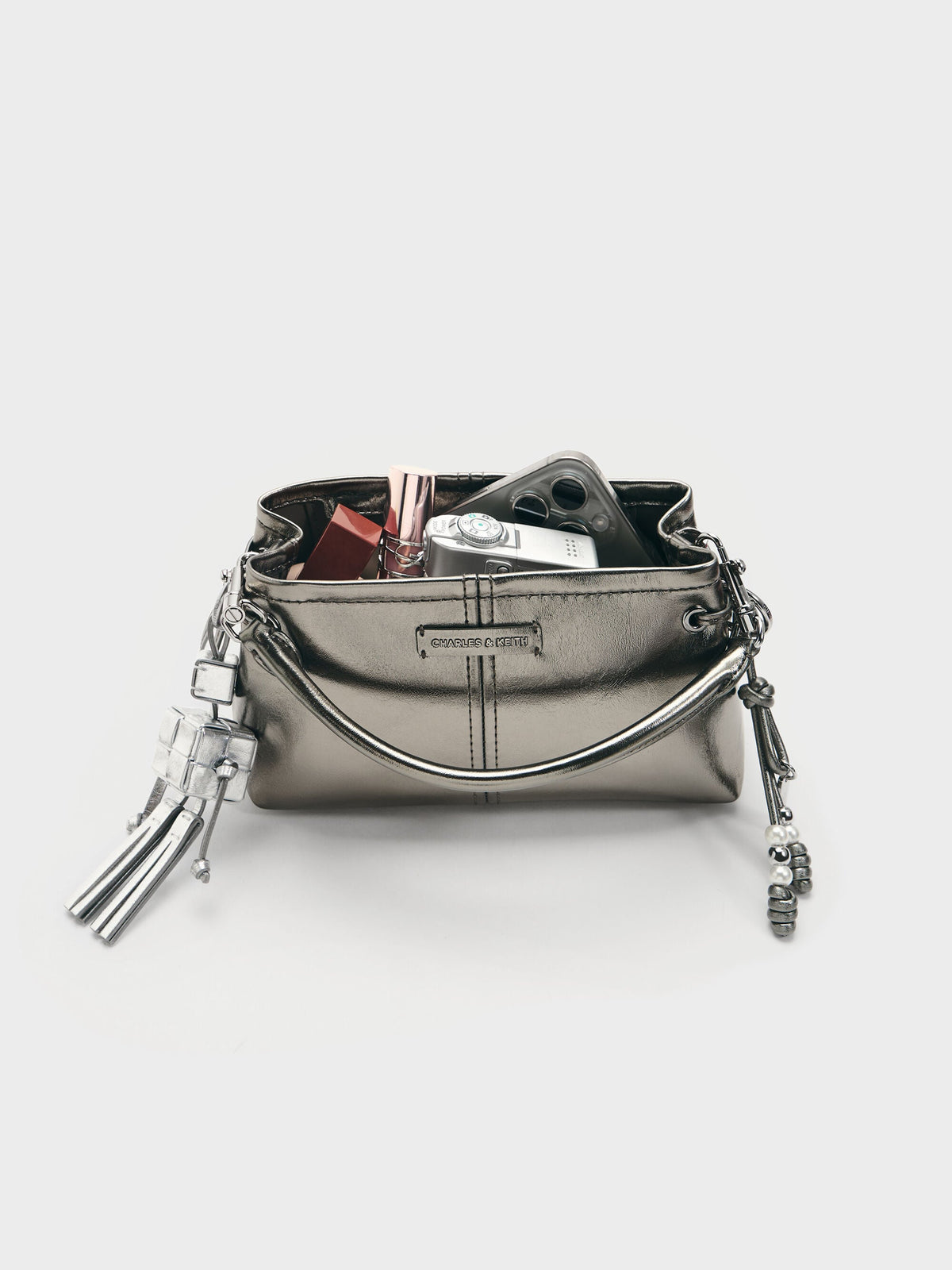 Noane Metallic Top Handle Bag - Pewter | CHARLES & KEITH