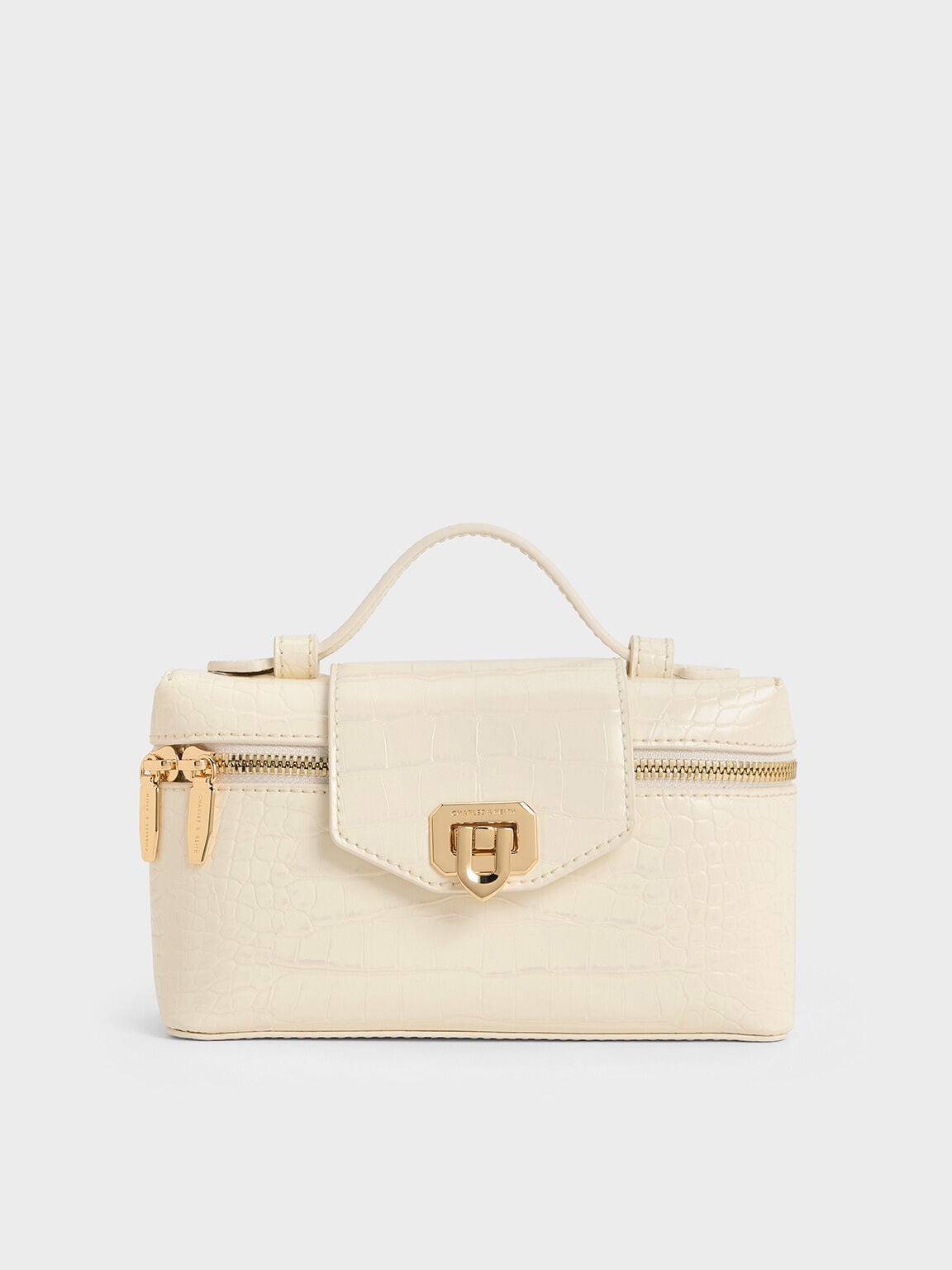 Arwen Croc-Effect Top Handle Vanity Bag - Cream | CHARLES & KEITH