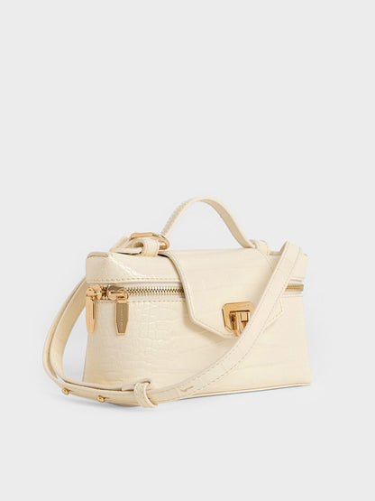 Arwen Croc-Effect Top Handle Vanity Bag - Cream | CHARLES & KEITH